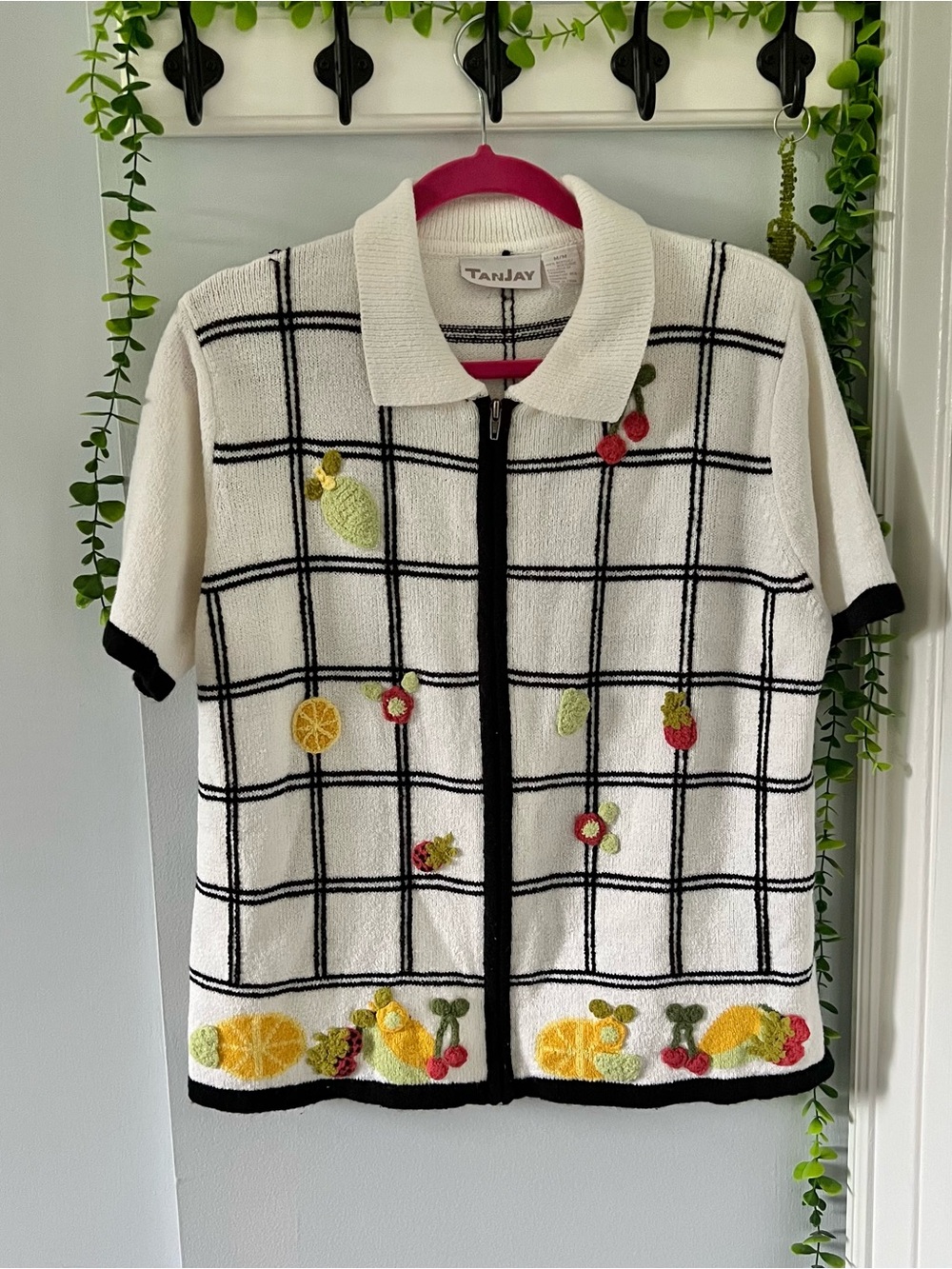 TanJay White Knit Zipper-Front Polo with Black Grid and Fruit Embroidery